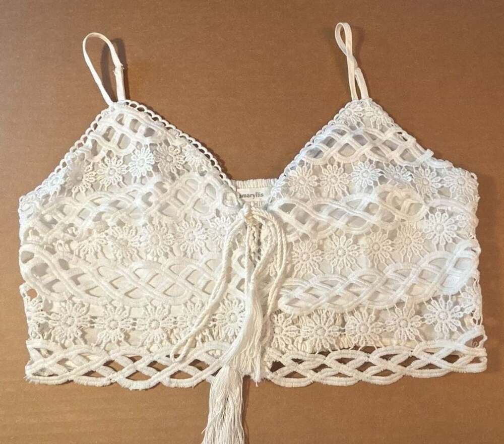 Amaryllis White Crochet Lace Bralette Crop Top with Tassels Size M